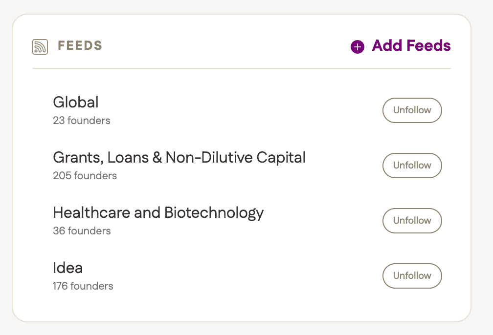 Community feeds showing industry channels and founder counts