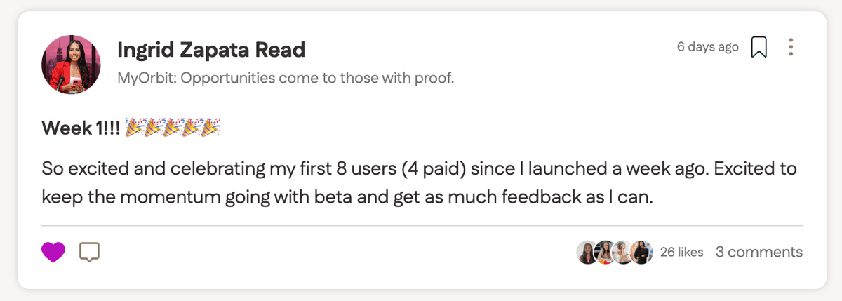 Ingrid Zapata Read celebrating her first 8 users