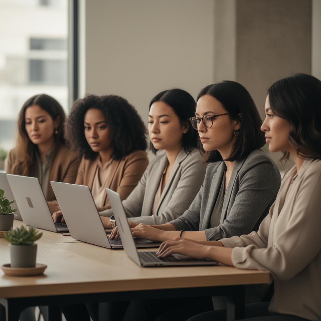 Women founders working together with neutral focused expressions